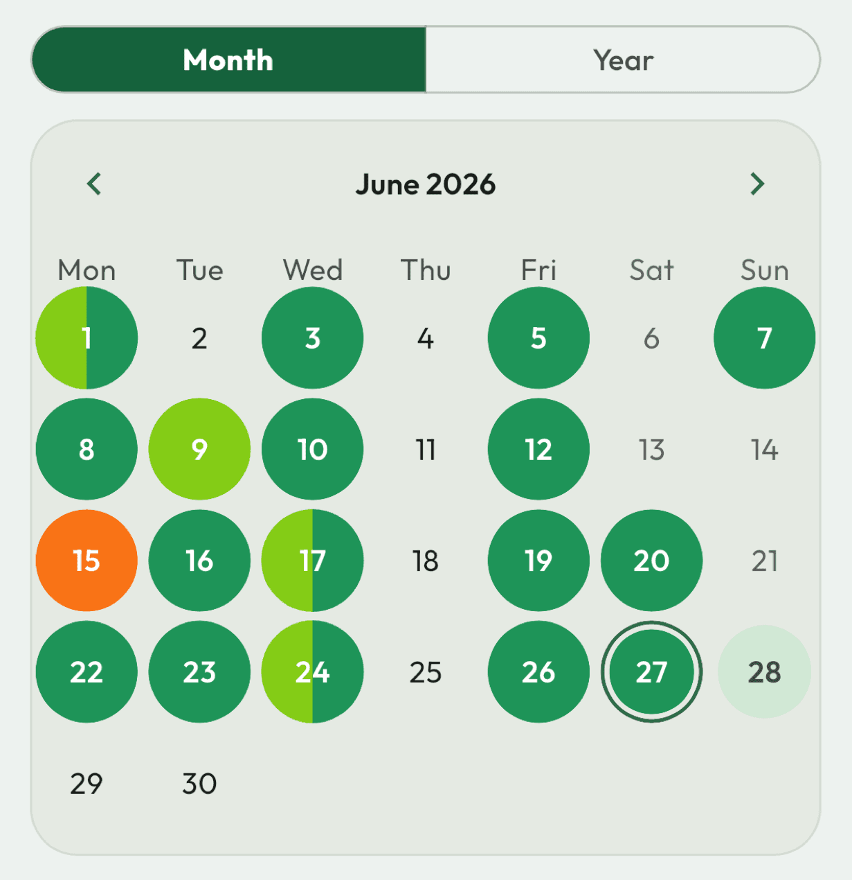 Workout calendar in the Fit Board app