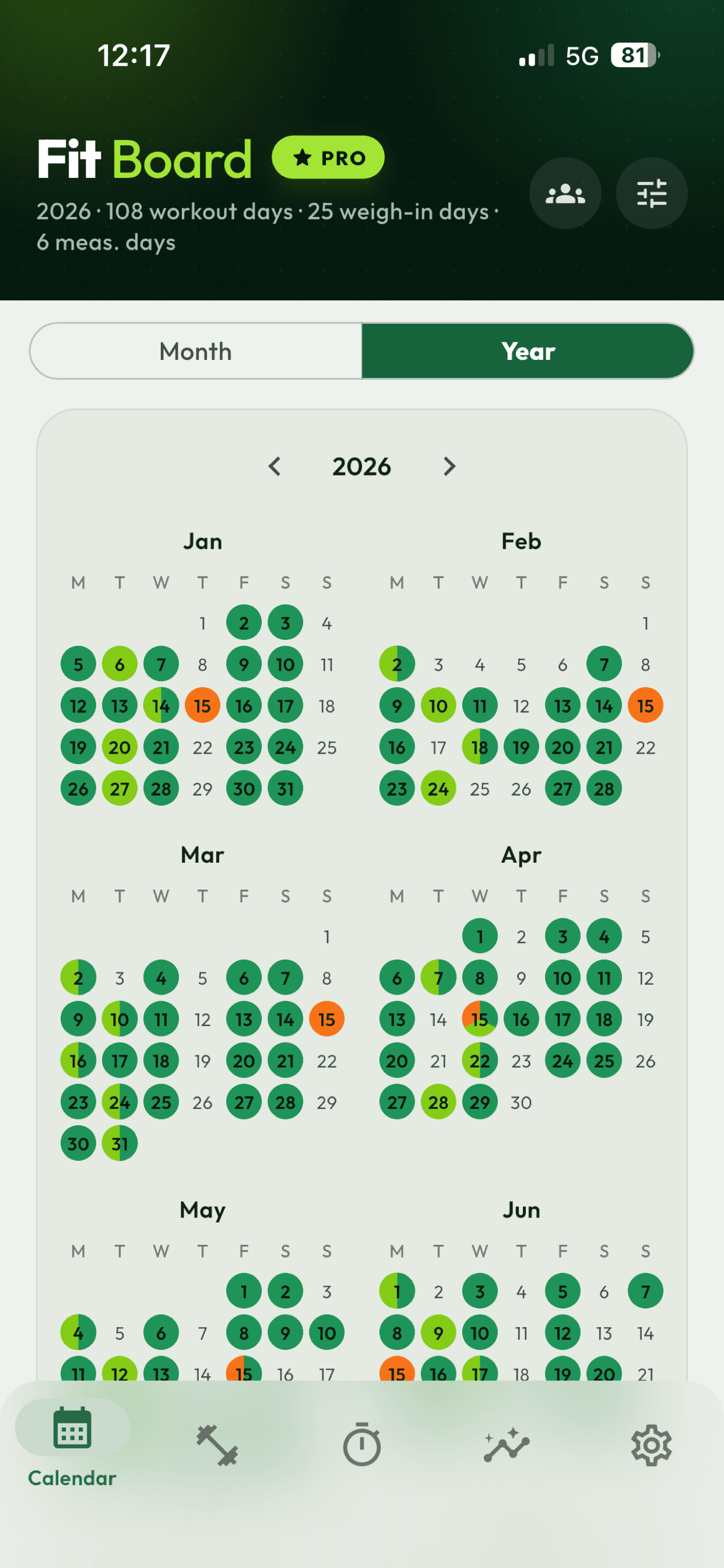 Year workout calendar in the Fit Board app