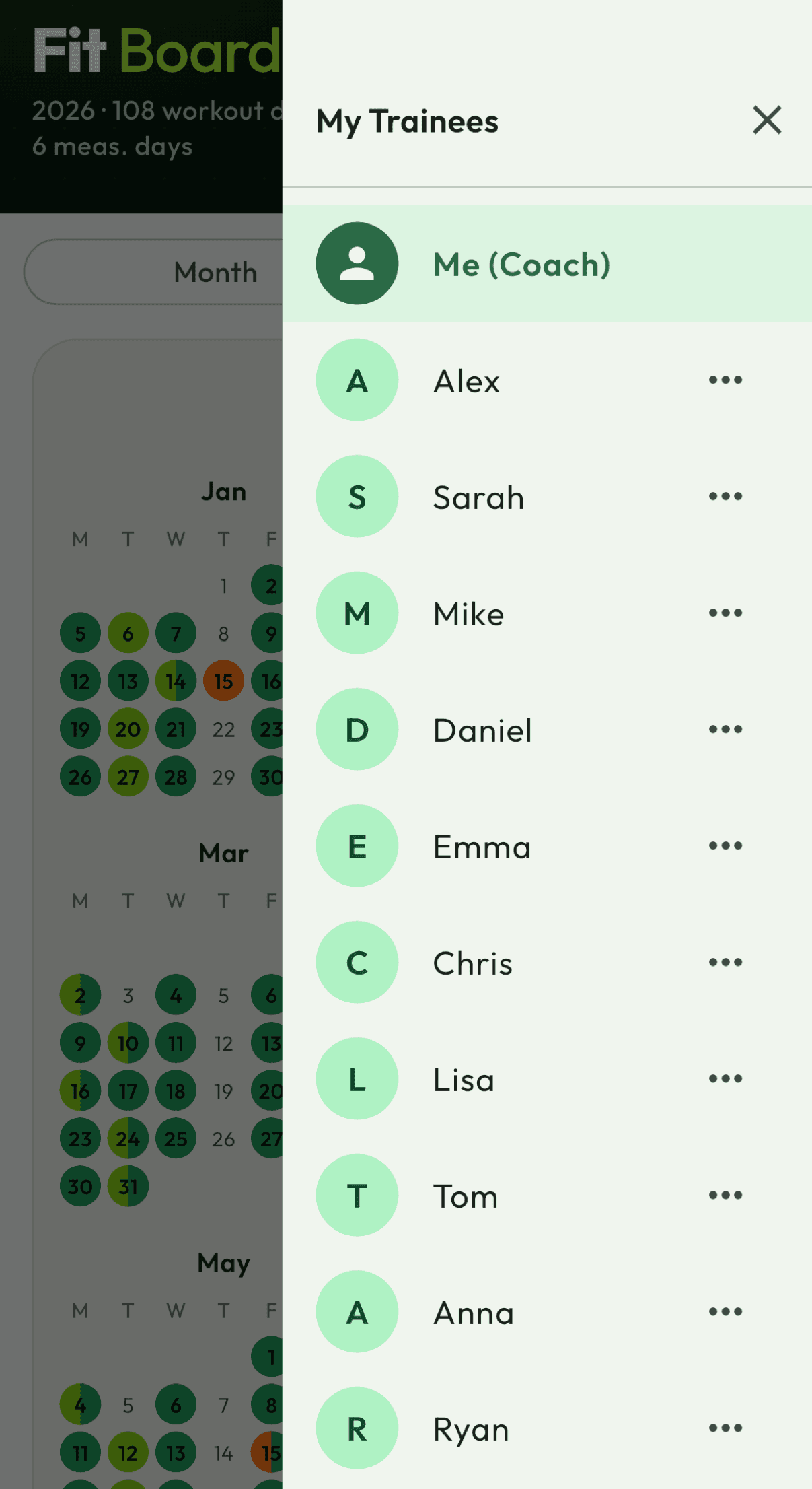 Coach mode in the Fit Board app with a list of trainees